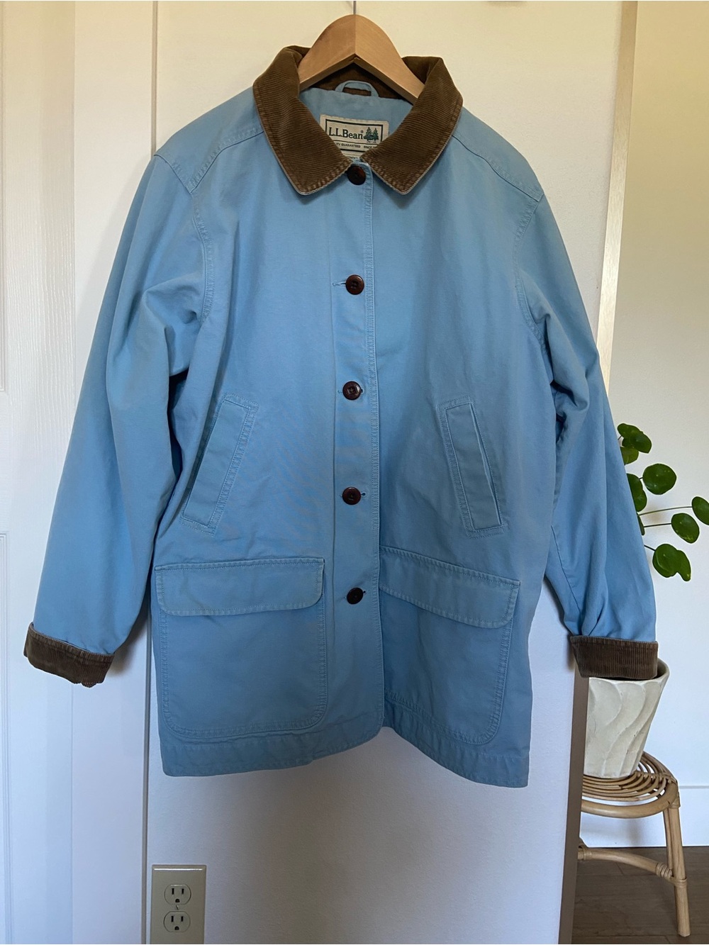 Vintage L.L. Bean Baby Blue Chore Coat with Brown Corduroy Collar/Trim XL